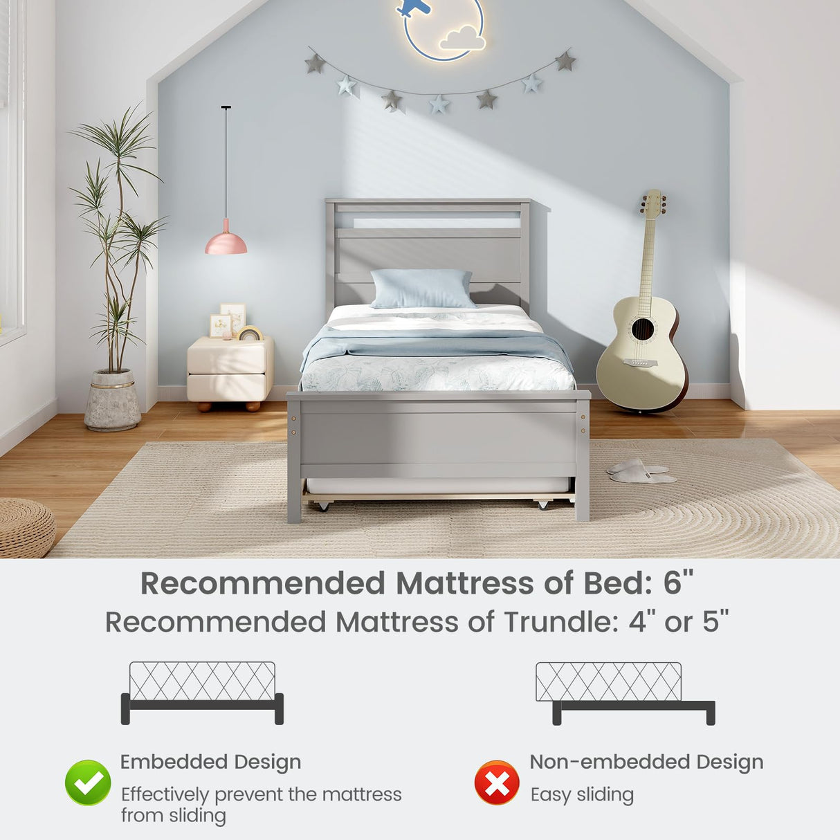 Giantex Trundle Bed Twin, Wood Day Bed Frame with Headboard & Footboard, Wooden Slats Support, Pull Out Bed, Twin Bed with Trundle for Kids Teens Adults, Grey Giantex