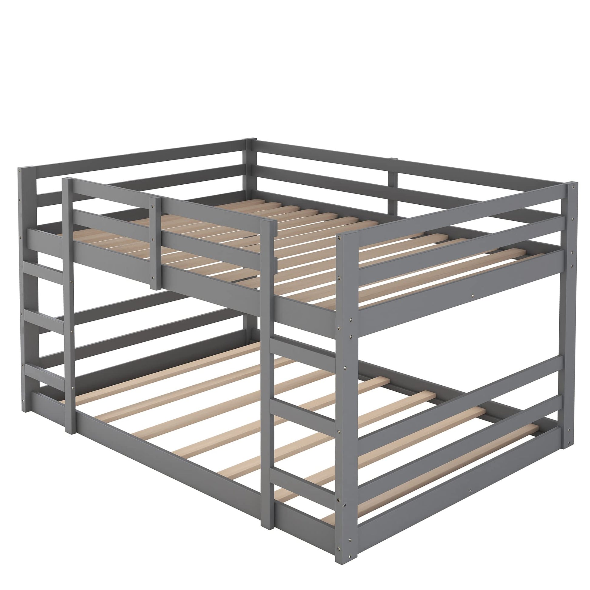 Low Profile Full Over Full Bunk Bed Frame with Ladder - Solid Wood Design in Grey for Kids and Teens - WoodArtSupply