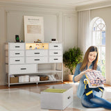 Harpaq White Dresser for Bedroom with 10 Drawers, Dresser with Charging Station, TV Stand Dresser with LED Light for 55" TV, Fabric Drawer Dresser with PU Finish, Dresser with Shelves for Closet Harpaq