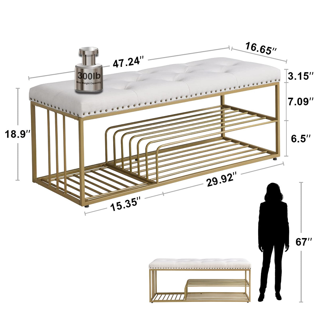 FERFALDER Linen Bench with Storage-Entryway Shoe Storage with Tufted Padded Seat,Gold Mental Frame Ottoman Bench for Bedroom Entry Window Mudroom Living Room,Beige FERFALDER