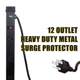KMC 12 Outlet Heavy Duty Metal Surge Protector Power Strip with 6-Foot Long Extension Cord, 125V/15A, Black KMC