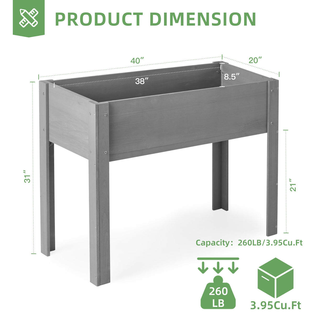 40x20x31 inch Raised Garden Bed with Legs, Elevated Wooden Planter Box for Outdoor Plants Flowers Fruits Vegetable Herb Growing Mederla