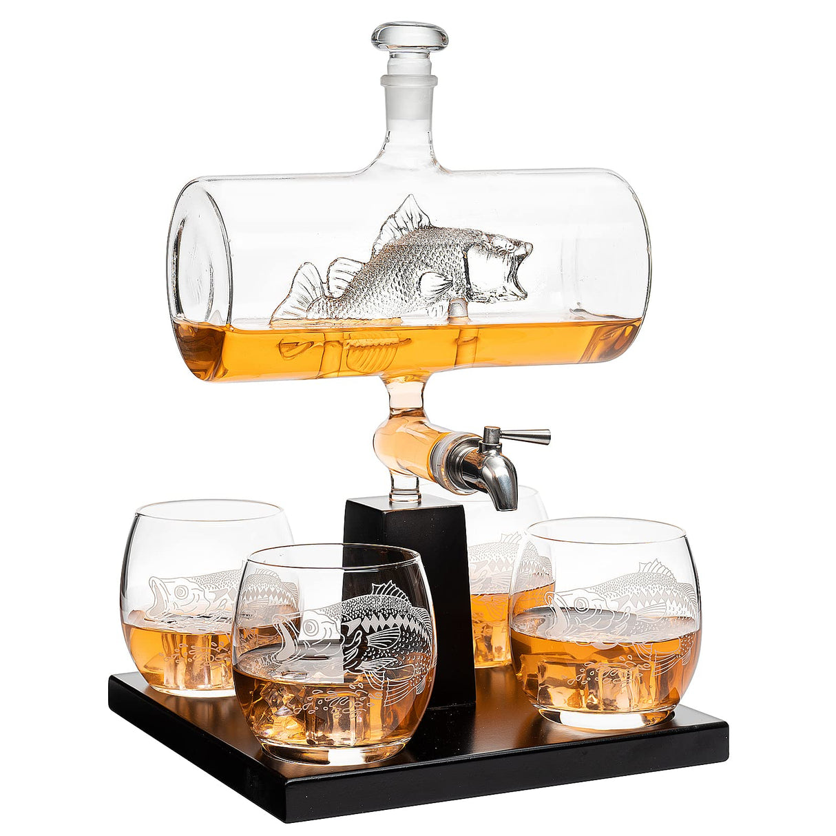 Bass Fish Wine & Whiskey Decanter Set 1100ml by The Wine Savant with 4 Bass Whiskey Glasses, Fishing & Boating Gifts, Drink Dispenser for Scotch, Bourbon The Wine Savant