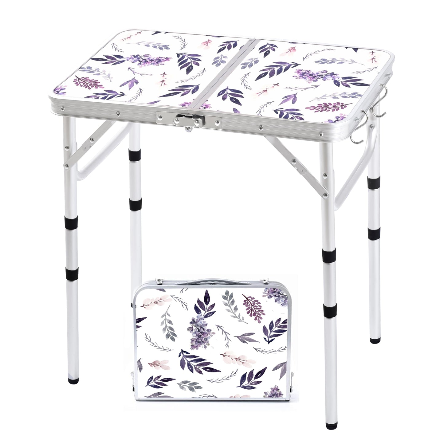 Yriuat Folding Camping Table 2ft Portable Pinic Table Adjustable Height Table Small Card Table Aluminum Foldable Lightweight with Carry Handle for Outdoor Indoor Hiking Camp BBQ Beach (Misty Lilac)