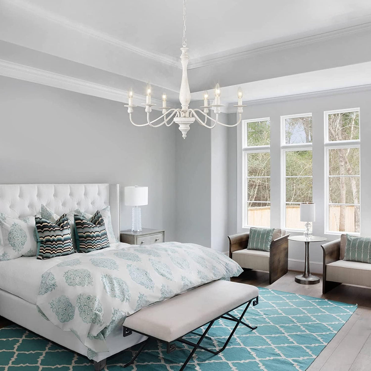 YCZHCC White Farmhouse Chandelier, 6 Lights French Country Chandeliers for Dining Room lighting fixtures, Rustic Wood Hanging Candle Pendant Light for Kitchen Island Entryway Foyer Living Room Bedroom YCZHCC