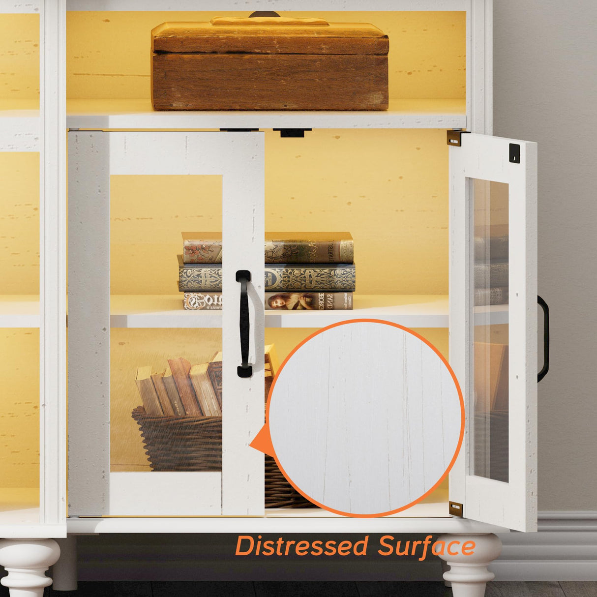 WAMPAT Farmhouse TV Stand for TVs Up to 75 inch, 4-Door Glass and Wood Universal TV Console with 9 Storage Cabinets, White Entertainment Center Table for Living Room Bedroom，White 70'' WAMPAT