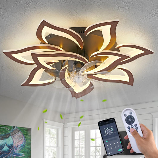 Dalouguan Modern Ceiling Fan with Lights Remote Control, 32" Wood Ceiling Fan with Light, 6 Speeds 3 Light Color Low Profile Flush Mount Ceiling Fan for Kitchen Bedroom