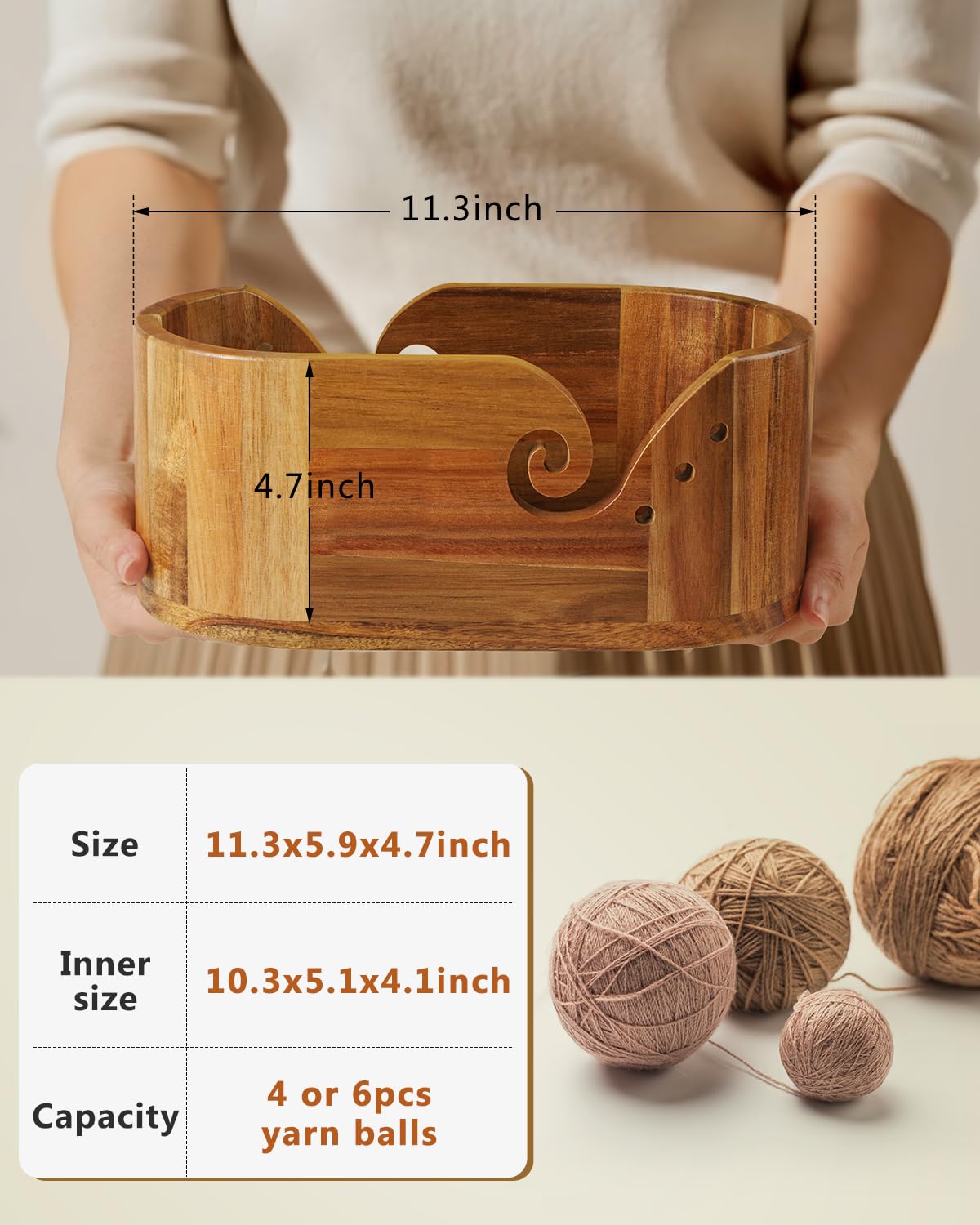 Oval Yarn Bowl, Crochet Yarn Holder with 9pcs Knitting Hooks, Yarn Storage Crochet Bowl Knitting for Crocheters, Large Yarn Bowl Acacia Wooden 11.3x5.9x4.7inch (Acacia Yarn Bowl) UNAYMIDY