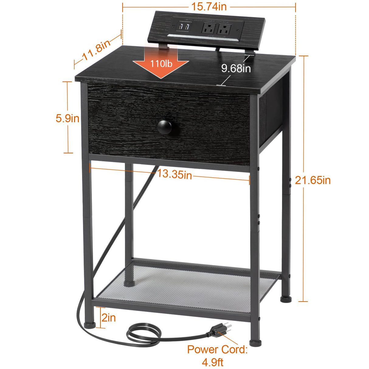 AMHANCIBLE Night Stand, Black Nightstand Set of 2, Small End Tables Living Room with Charging Station, Slim Bed Side Table with Fabric Storage Drawer for Bedroom, Small Space, HET03SDPBK AMHANCIBLE