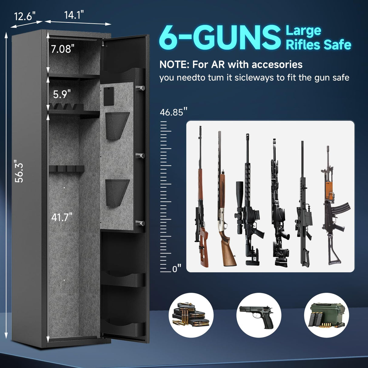 KAER 6 Rifle Gun Safe, Quick Access Large Gun Safe for Home Rifle and Pistols, Electronic Locking Heavy-Duty Gun Cabinet with Pockets and Removable Shotgun Handgun Rack & Shelf, Assembled KAER