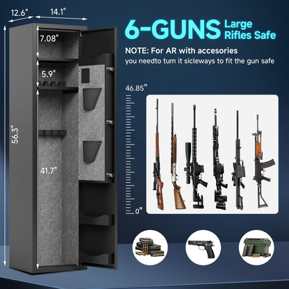 KAER 6 Rifle Gun Safe, Quick Access Large Gun Safe for Home Rifle and Pistols, Electronic Locking Heavy-Duty Gun Cabinet with Pockets and Removable Shotgun Handgun Rack & Shelf, Assembled