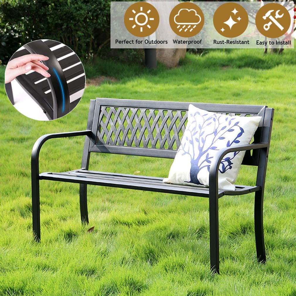 BestShop Patio Bench - Outdoor Metal Garden Bench with Armrests, 480lbs, Cast Iron, Sturdy Steel Frame, Black BestShop