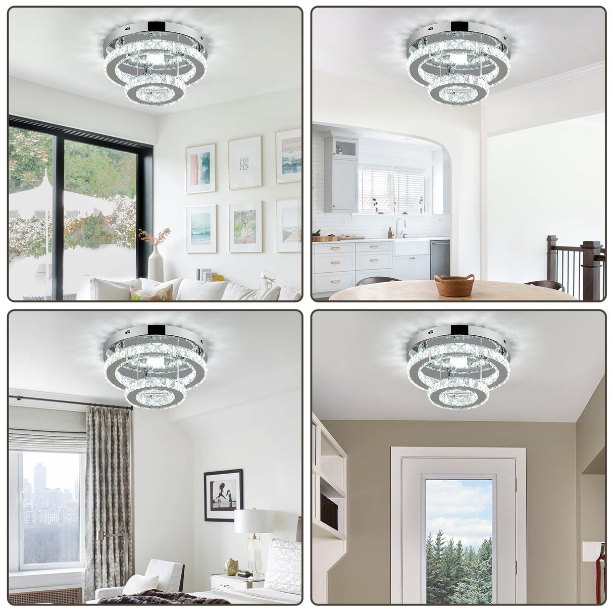 RHEAFON 9.8 Inch Mini Chandelier Light Fixture Round LED Crystal Ceiling Light Flush Mount Crystal Chandeliers for Bedroom Kitchen Foyer Closet Hallway Light, 6500K Cool White RHEAFON