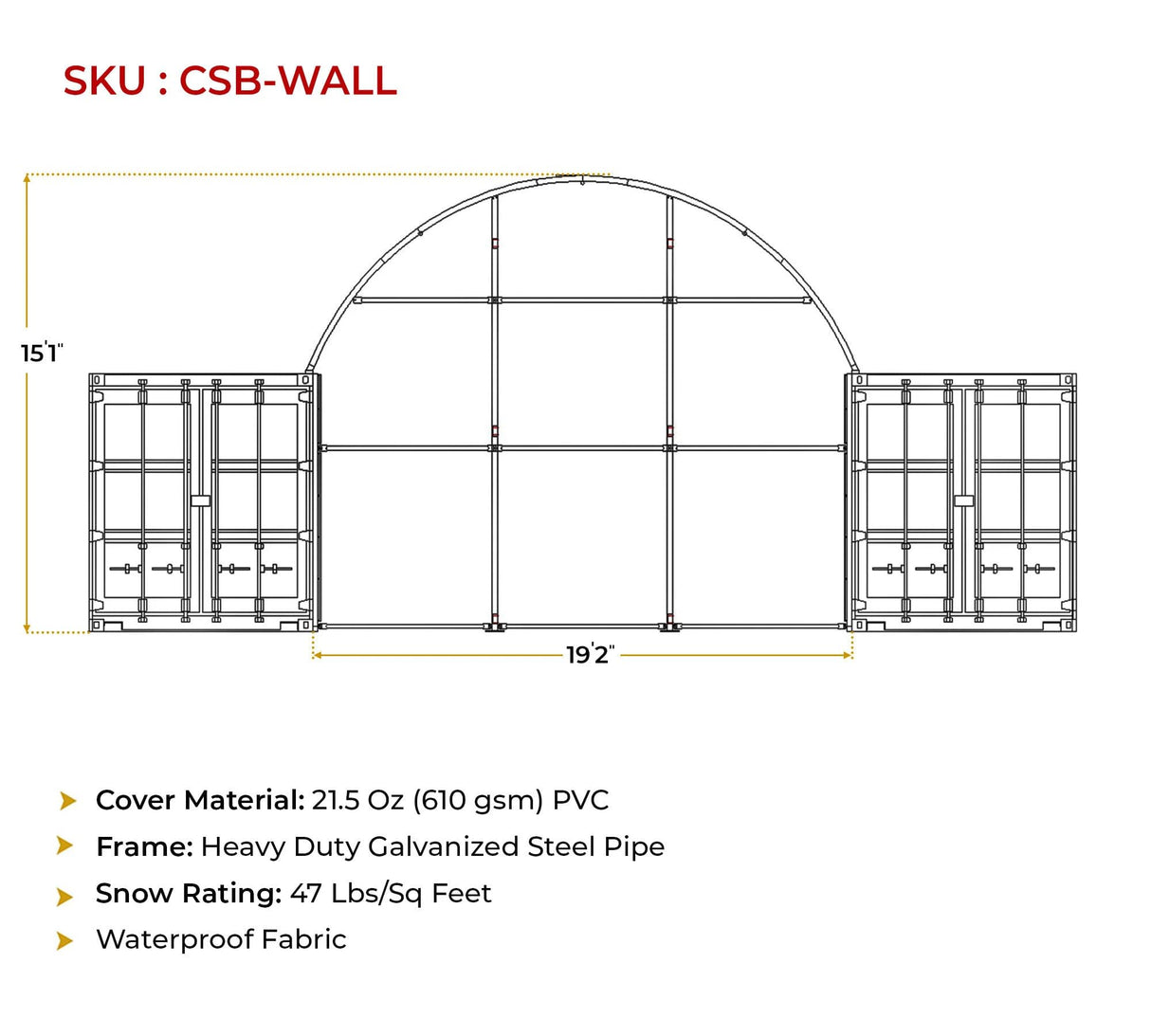 Mytee Products Shipping Container Canopy Shelter Kit - 40'(L) x 20'(W) 21 Oz PVC White Cover Storage Container Roof and Front Wall w/Doors and Back End Wall - Snow, UV and Weather-Resistant Mytee Products