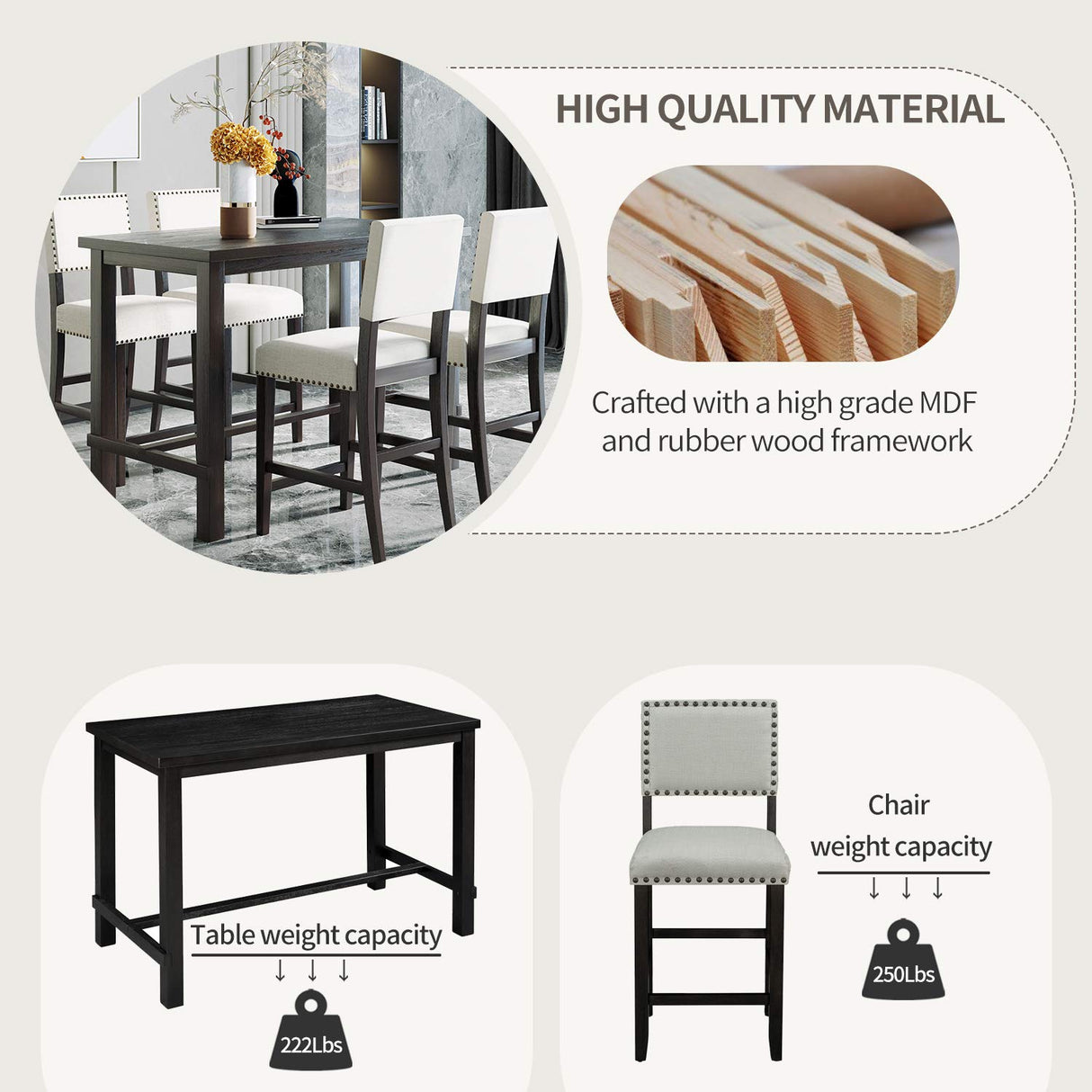 Merax 5 Piece Dining Table Set for 4,Counter Height Kitchen Table Set with One Rectangle Table and 4 Cushioned Chairs for 4 Persons Dining Room Table Set for Small Place Merax