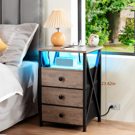 AMHANCIBLE Night Stand Set 2, LED Nightstand with Charging Station, End Side Tables with USB Port & Outlet, Bedside Table with 3 Fabric Drawers for Bedroom Living Room, Greige, HET053LGY AMHANCIBLE