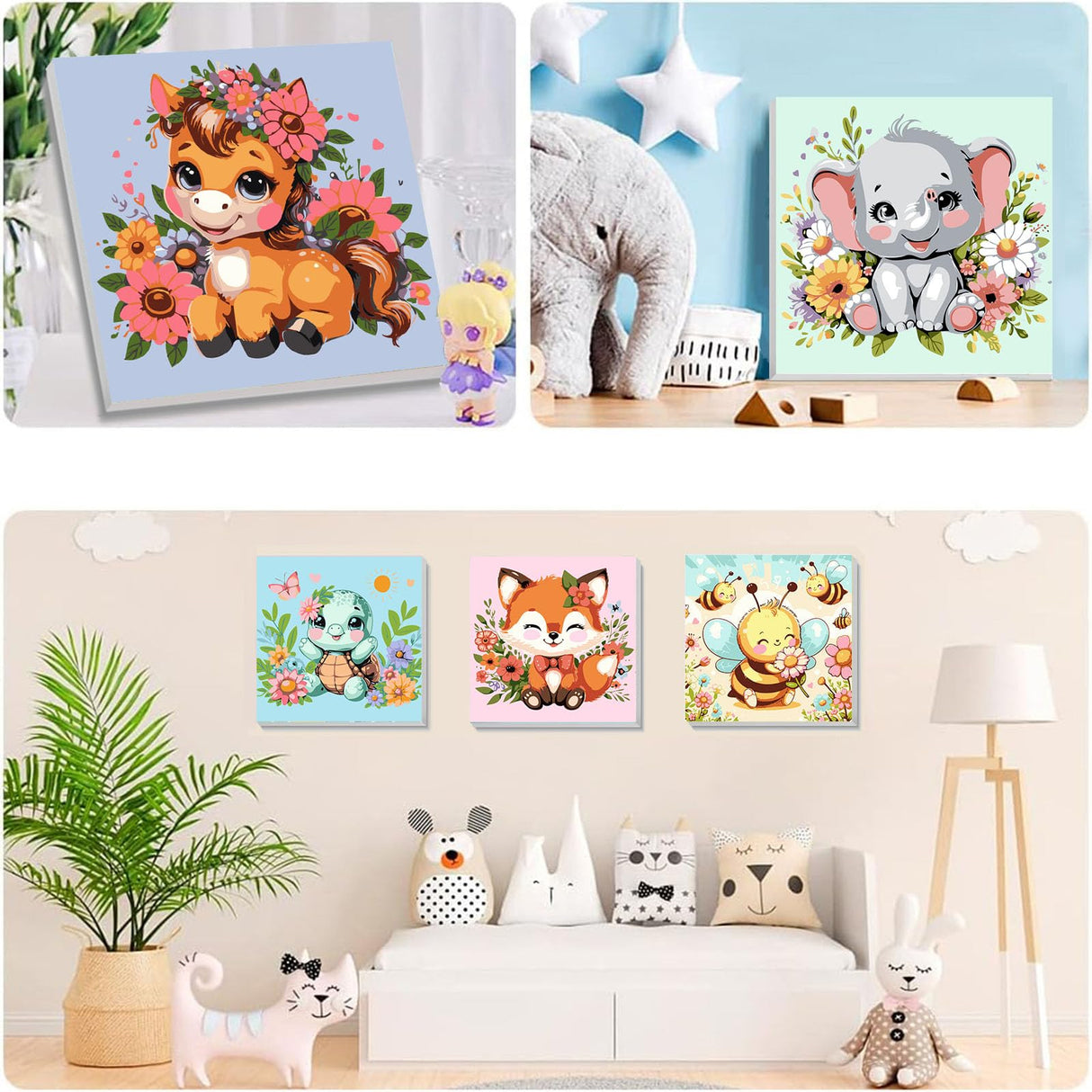 4 Pack Animal Paint by Number for Kids with Wooden Frame, Paint by Numbers for Kids Animals Ages 4-8-12, Easy Elephant Fox Sea Turtle Horse DIY Acrylic Oil Painting Kits for Home Wall Decor (8X8 inch) xackcme