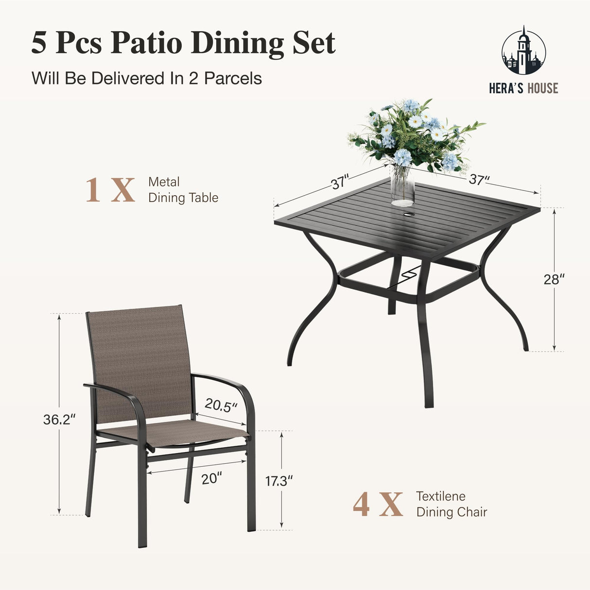 HERA'S HOUSE Patio Table and Chairs for 4, 5 Pieces Outdoor Deck Dining Sets, Square Metal Table Set with Chairs for Lawn Garden Backyard, Brown HERA'S HOUSE