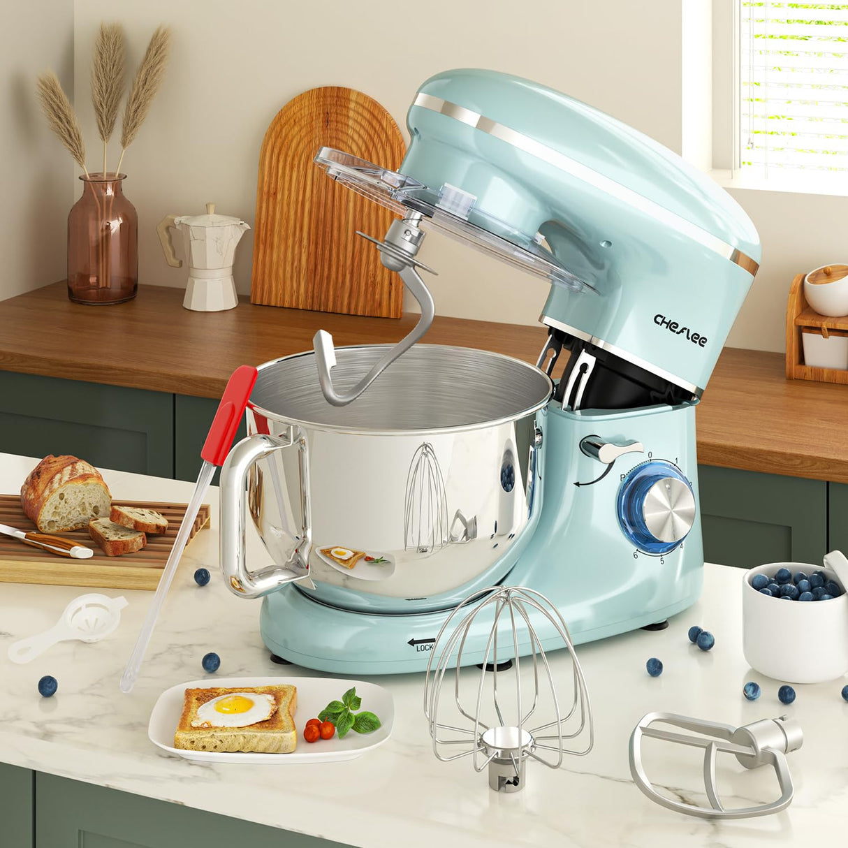 CHeflee Stand Mixer,600W 6+P With 6.5QT Stainless Steel Bowl,Dough Hook, Wire Whip & Beater,for Most Home Cooks,Blue CHeflee