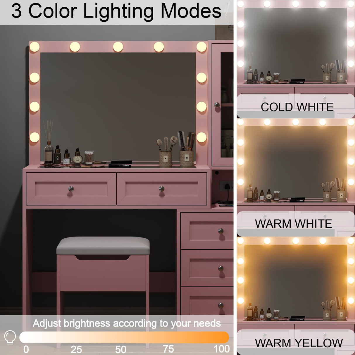 CollaredEagle 43" W Vanity Desk with Mirror & 11 Lights, 5 Drawer Modern Makeup Desk with Glass top & Cushioned Stool, 3 Lighting Modes Brightness Adjustable,Power Outlet,Bedroom，Pink CollaredEagle