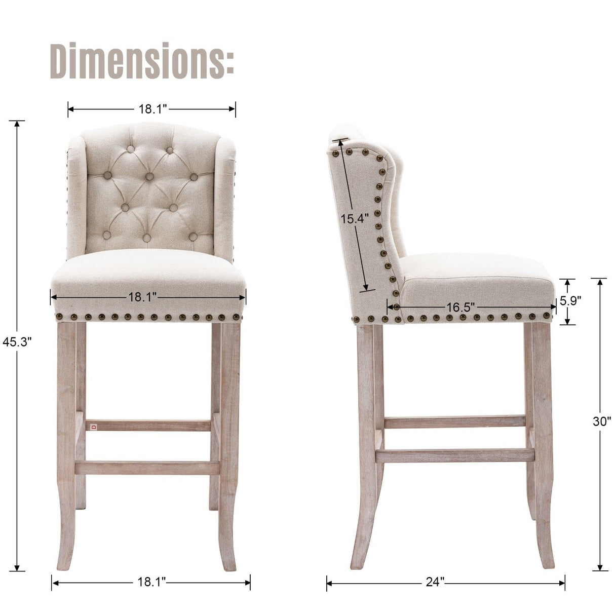 LukeAlon Classic 30" Linen Bar Stools Set of 4, Button Tufted Wingback Tall Bar Chairs with Wooden Legs Farmhouse High Kitchen Stool with Nailhead Trim for Home Breakfast Bar, Beige LukeAlon