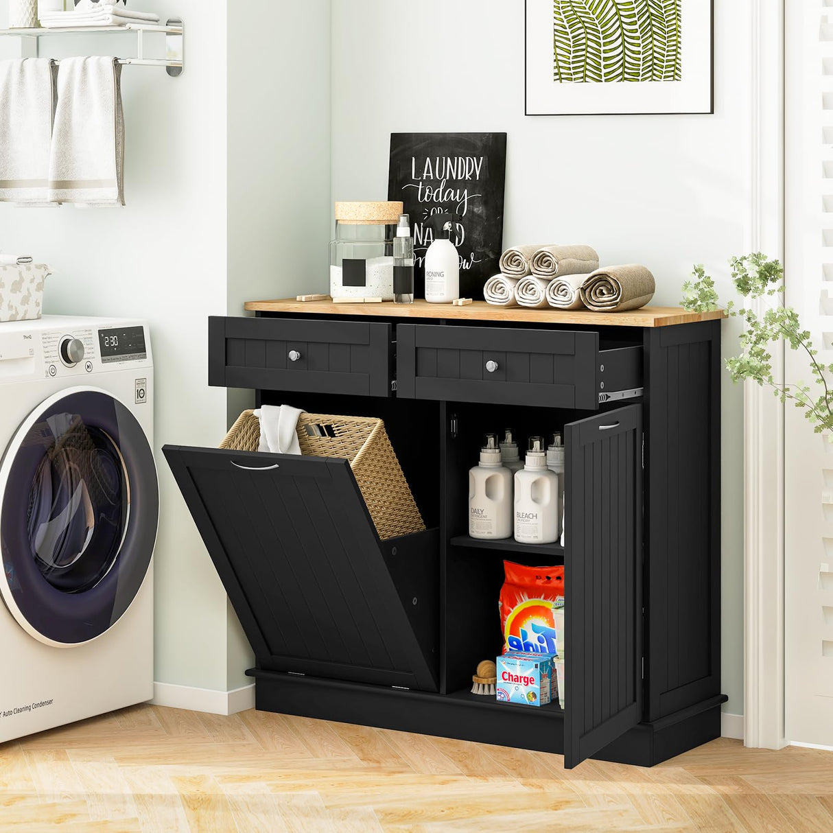 LOKO Kitchen Tilt Out Trash Cabinet, Modern Trash Cabinet with 2 Drawers & Adjustable Shelf, Pet Proof Trash Can Cabinet with Rubber Wood Tabletop, 39.5 x 14 x 35.5 inches (Black) LOKO