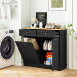 MAT EXPERT Tilt Out Laundry Hamper, 15.5-Gallon Free Standing Wooden Trash Can w/Storage Drawer & Adjustable Shelf, Kitchen Waste Bins Cabinet for Laundry Room,Pet Proof Tilt Out Trash Cabinet, Black MAT EXPERT