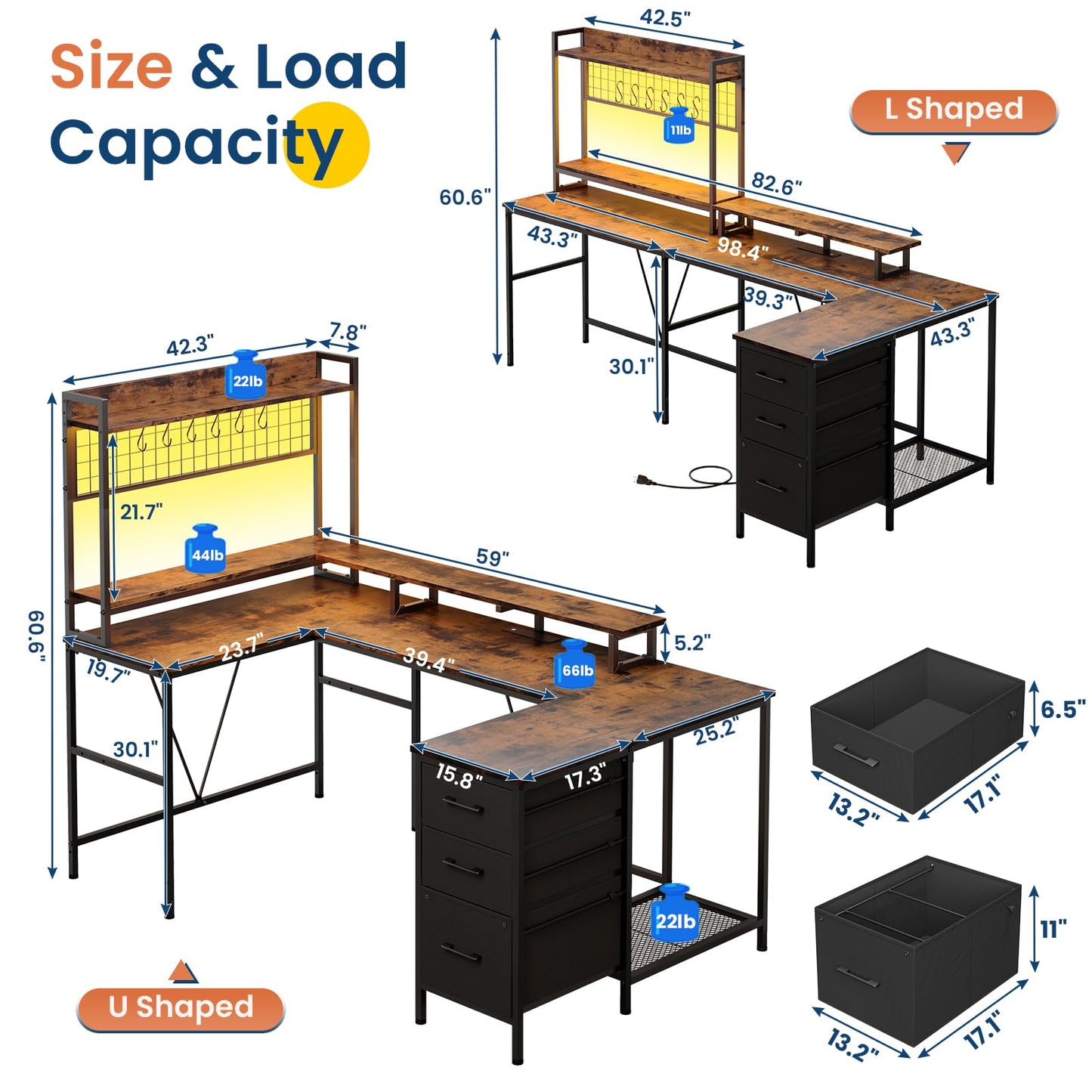 VIGKOOK U Shaped Gaming Desk with Hutch, 98.4in Reversible L Shaped Computer Desk with Power Outlets, Home Office Desk LED Light, Monitor Stand 3 Drawers Shelves Pegboard 6 Hooks (Rustic Brow - WoodArtSupply