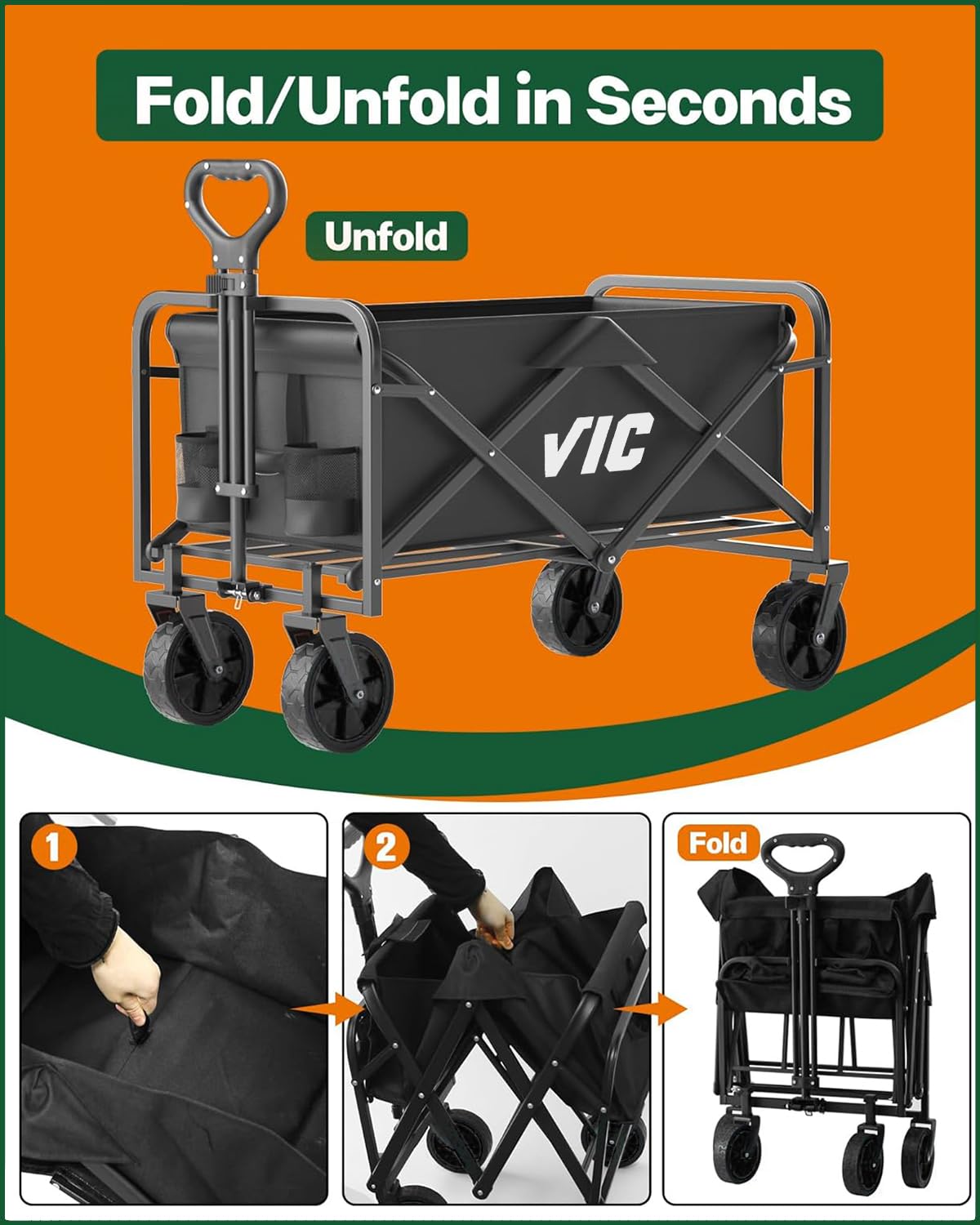 VIC Collapsible Folding Wagon, Beach Wagon Cart Heavy Duty 400LBs Foldable, Utility Grocery Wagon with Side Pocket for Camping Garden Sports, L4