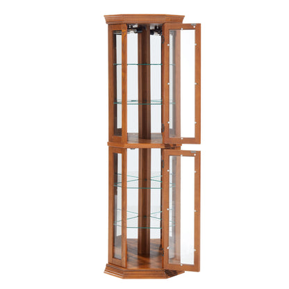 Lighted Corner Display Curio Cabinet Wooden Shelving Unit with Tempered Glass Door, Bar and Liquor Storage Area with 5 Shelves, Wine Cabinet, Oak