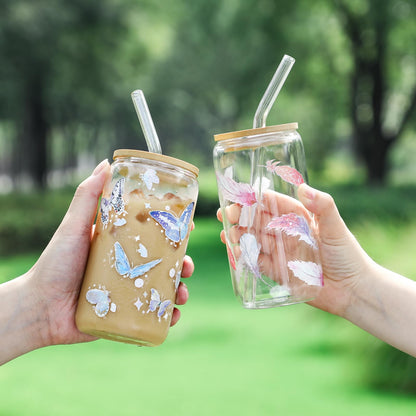 NETANY 2 Pack Glass Cups with Bamboo Lids and Straws 16 oz, Gifts for Women, Drinking glasses set, Iced Coffee Cup, Tea Cup, Cute Aesthetics Tumbler Cup, Mothers Day, Birthday Gifts for Her Mom