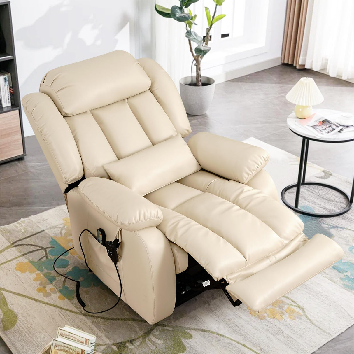 Infinite Position Lay Flat Lift Recliner Chair for Adults, Dual Motor Power Lift Chair for Elderly with Massage & Heating, Extended Footrest, USB Ports, Remote Control & Lumbar Pillow, Leather (Cream) RESTREAL