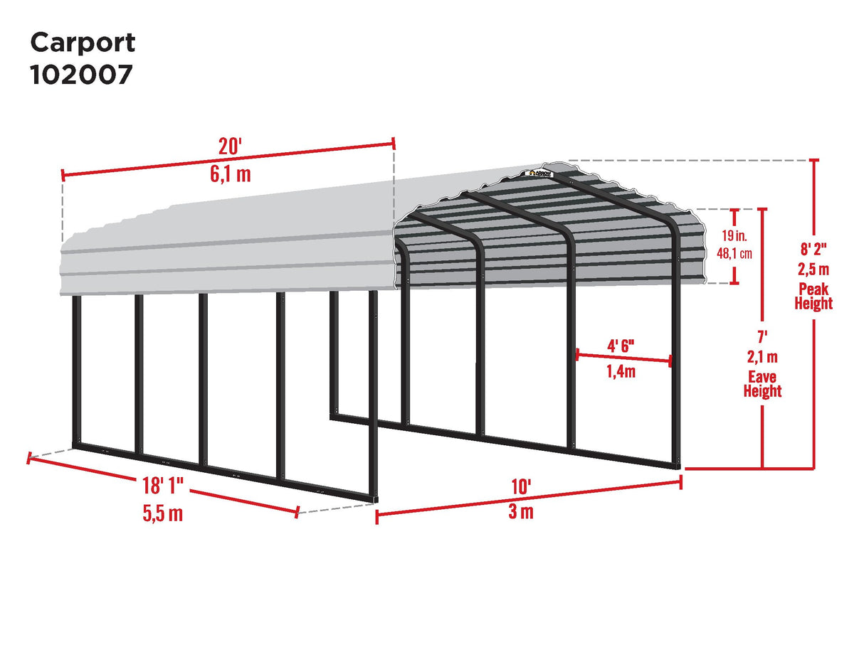 Arrow CPHC102007 Heavy Duty Galvanized Steel Metal Multi-Use Shelter, Shade, Carport, 10' x 20' x 7' Arrow Shed