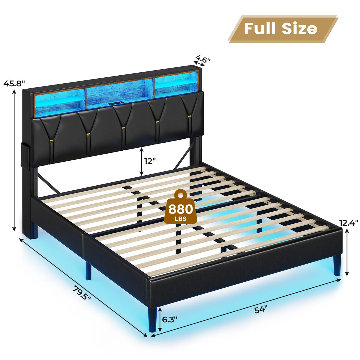 BTHFST Full Size LED Bed Frame with Charging Station & Stylish Storage Headboard in Black PU BTHFST