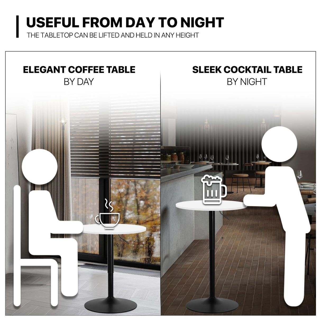 MoNiBloom Pub Round Table White Wood Texture Top with Metal Base and with Adjustable Height, 23.5" Diameter Modern Cocktail Bistro Table for Dining Bistro Cafe Home Bar (White) MoNiBloom