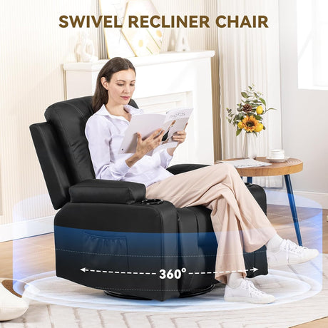 COMHOMA Recliner Chair, Swivel Rocker Recliners, Massage and Heat Reclining Chair, Reclining Sofa with Side Pockets, Cup Holders for Living Room, Bedroom (Black) COMHOMA