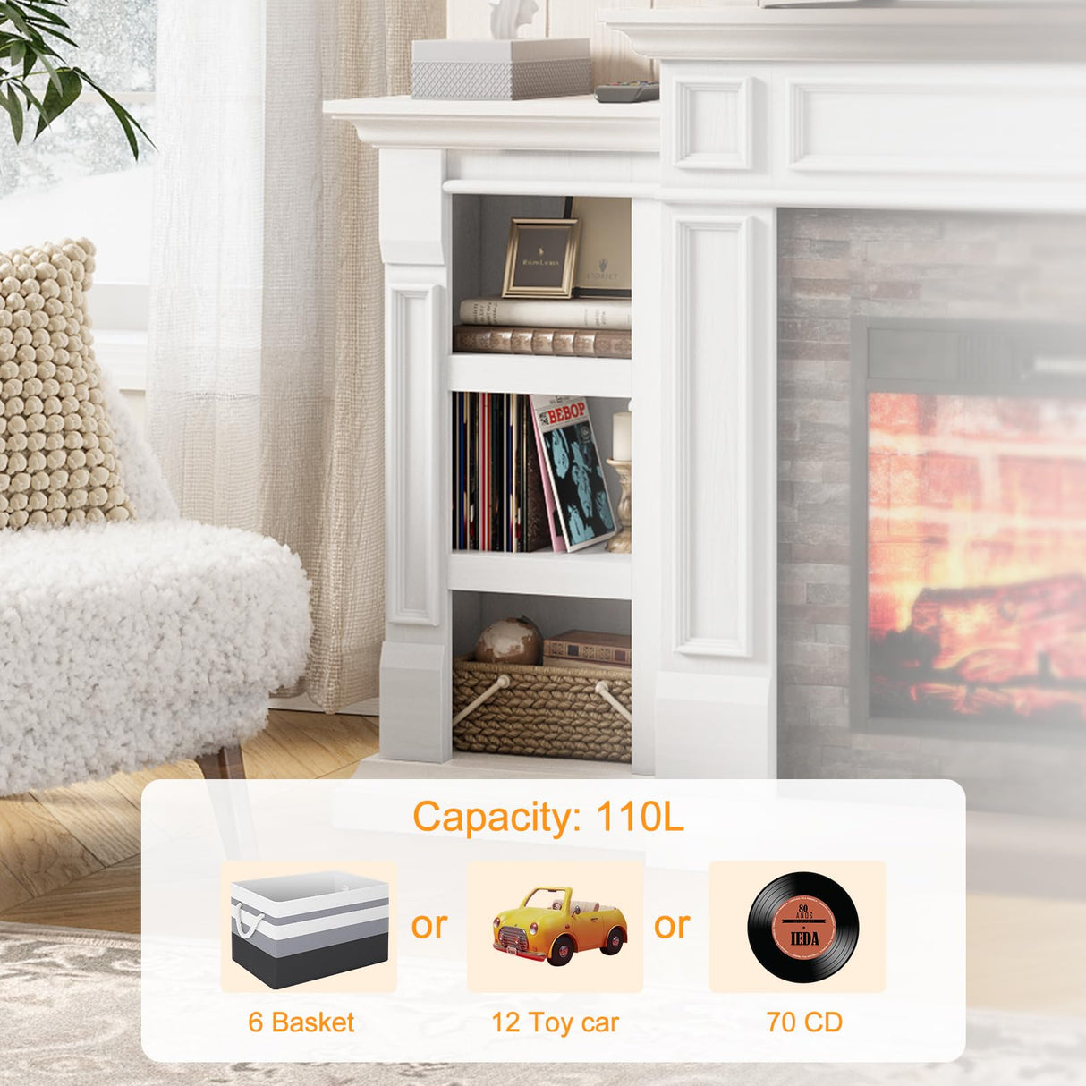 Naice 70" Electric Fireplace with Mantel and Cabinets, Fireplace TV Stand for Living Room Bedroom, Stacked Stone Surround and Remote Control 3D Realistic Flame Naice
