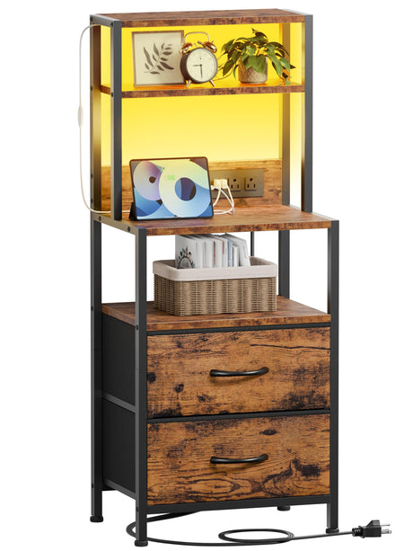 Furnulem Night Stand, Tall Nightstand with 4-Tier Shelves, 2 Fabric Drawers and Light Tube, Bed Side Tables with Charging Station, Bedside Table for Bedroom, Office, Rustic Brown Furnulem
