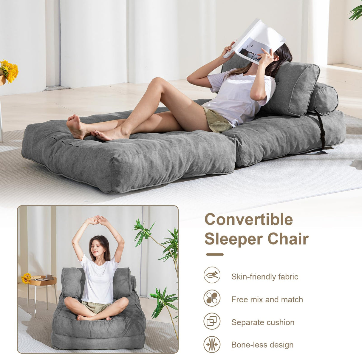 YOSHOOT Folding Couch Sofa Bed, Convertible Sleeper Chairs with Back Support, Foldable Couch Futon Mattress with Pillow, Portable Fold Out Chair Bed Floor Mattress Floor Couch for Living Room YOSHOOT