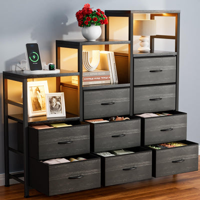 HPWLYO 9 Drawer Dresser with LED Light, Tall Fabric Drawers Dresser for Bedroom with Power Outlets, Dressers & Chests of Drawers with 3 Shelves for Bedroom
