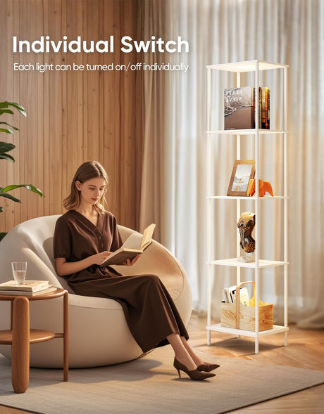 Display Shelf with RGBCW Light, Color Changing Curio Cabinet Floor Lamp with Shelves Corner Standing Column Lamp Etagere Organizer Tower Nightstand Bookcase for Living Room Bedroom Office Décor White PARTPHONER