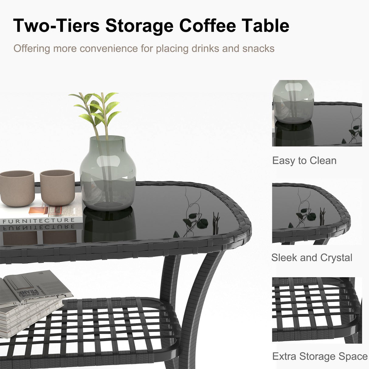 HLNPTN 4 Pieces Outdoor Patio Furniture Set, PE Rattan Chairs Wicker Furniture with Coffee Glass Table and Soft Cushions, Outdoor Seating Conversation Set for Lawn, Porch, Garden (Blue) HLNPTN