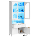 YITAHOME 72" Tall Fluted Bookshelf with LED Lights, White Bookcase with Drawers, Arched Glass Doors, 6-Tier Storage Cabinet Bookcase for Living Room, Office and Study YITAHOME