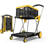 TOLRET Utility Cart, 200 lbs Capacity Folding Shopping Cart, Multi-Functional Collapsible Cart, Platform Hand Truck with Foot Brake, Grocery Cart on Wheels Foldable with Storage Crate, Yellow TOLRET