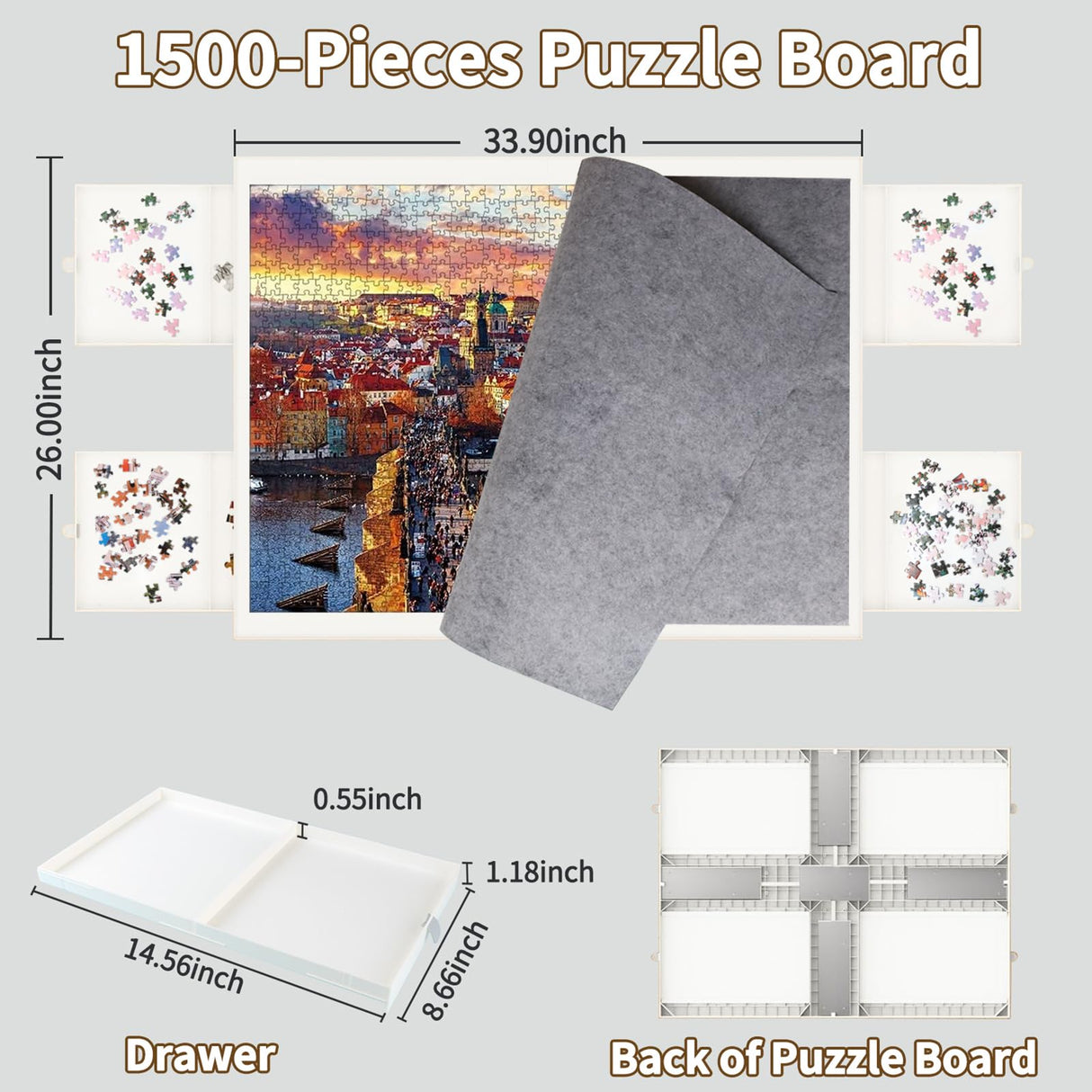 BZseed 1500 Pieces Puzzle Board with Drawers and Cover， Lightweight Design Puzzle Tables for Adults with Drawers BZseed