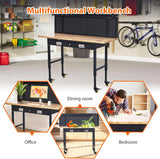 Workbench 60" x 22" Adjustable Height Worktable, Heavy Duty Rubber Wood Top, 2000 LBS Load Capacity, Tool Storage Workstation with Drawer, Pegboard, Power Outlets & Lockable Wheels, with Drawer Back IDEALHOUSE