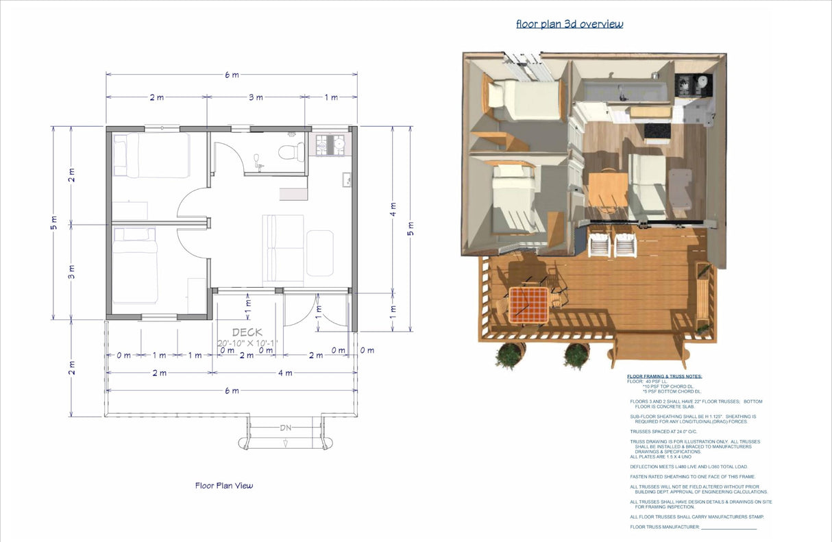 6x5m Tiny Home Plans - 2 Bedrooms, Washroom, Living Room, Mini Kitchen, and Porch Design Generic