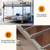 IKIFLY Full Over Full Bunk Beds with LED Lights and Charging Station, Heavy Duty Metal Full Size Bunk Bed Frame, Safety Guardrail & 2 Ladders, Space-Saving Design, No Box Spring Needed, Silver Grey IKIFLY