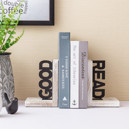 MyGift Shabby White Washed Solid Wood Decorative L-Shaped Bookends with Matte Black Metal Cutout Good and Read Block Letter Design, Non-Skid Book Stopper, 1 Pair