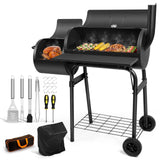 Barrel Charcoal Grill with Offset Smoker, HaSteeL Outdoor BBQ Grill Set of 15, Large Camping Grill for Patio Backyard Garden Smoking Barbecue, Grill Cover, Spatula, Tong, Brush, Fork, Carrying Bag HaSteeL